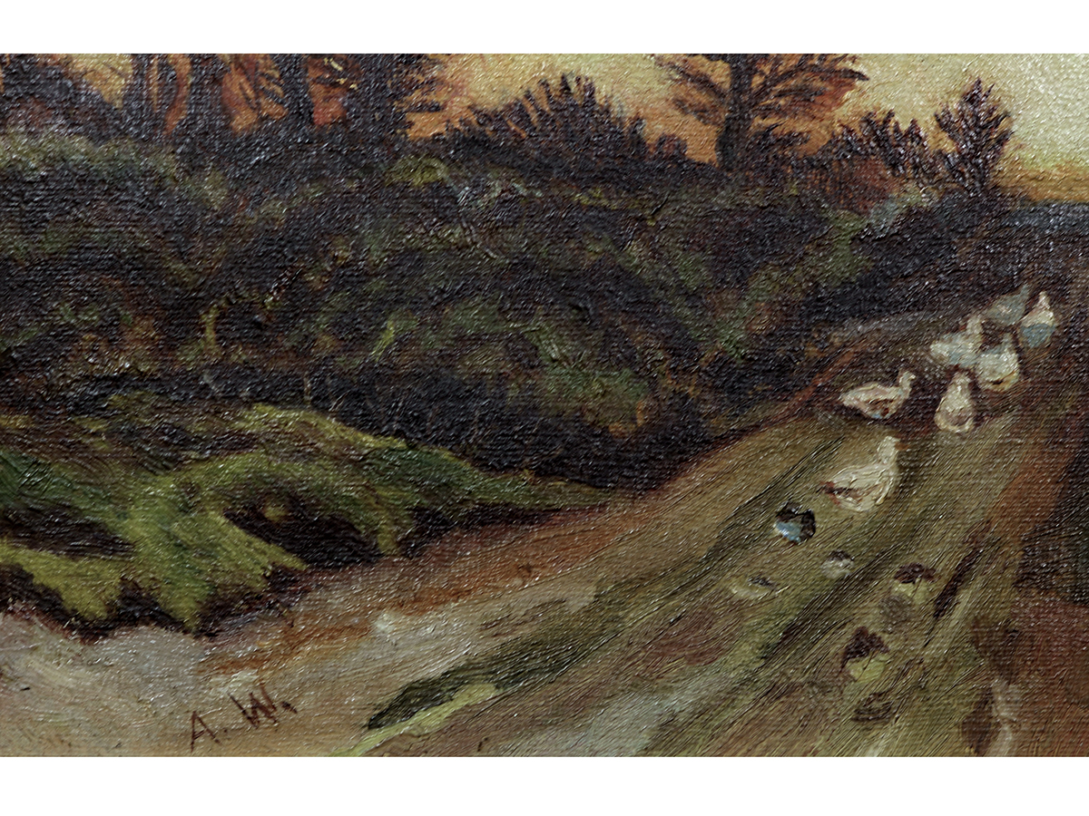 19th Century Oil On Canvas. Wooden Frame. Country Lane.