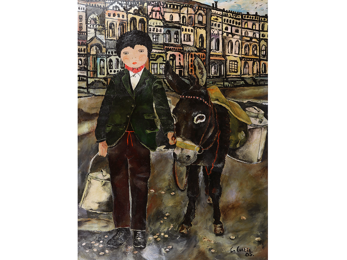 Curtis, Acrylic / Oil on Paper. On The Seafront, Boy & Donkey