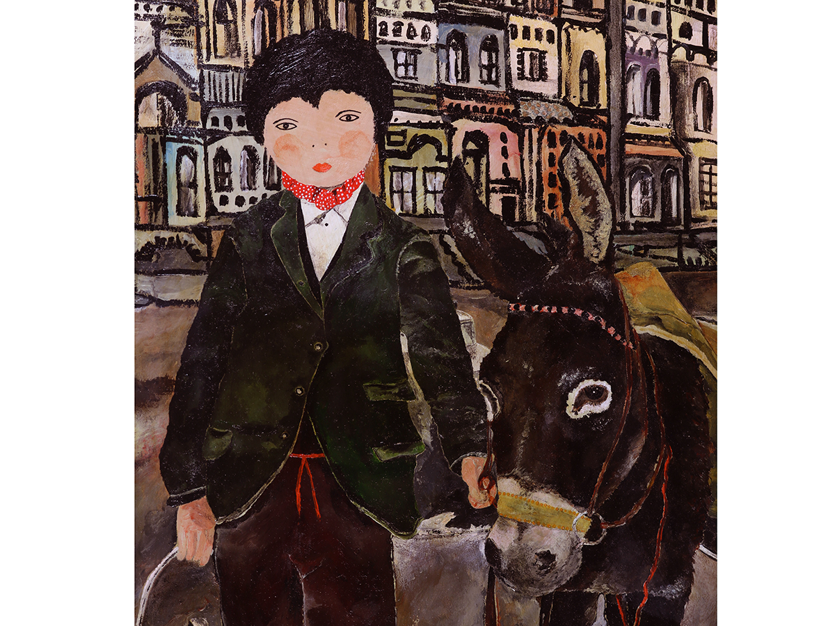 Curtis, Acrylic / Oil on Paper. On The Seafront, Boy & Donkey