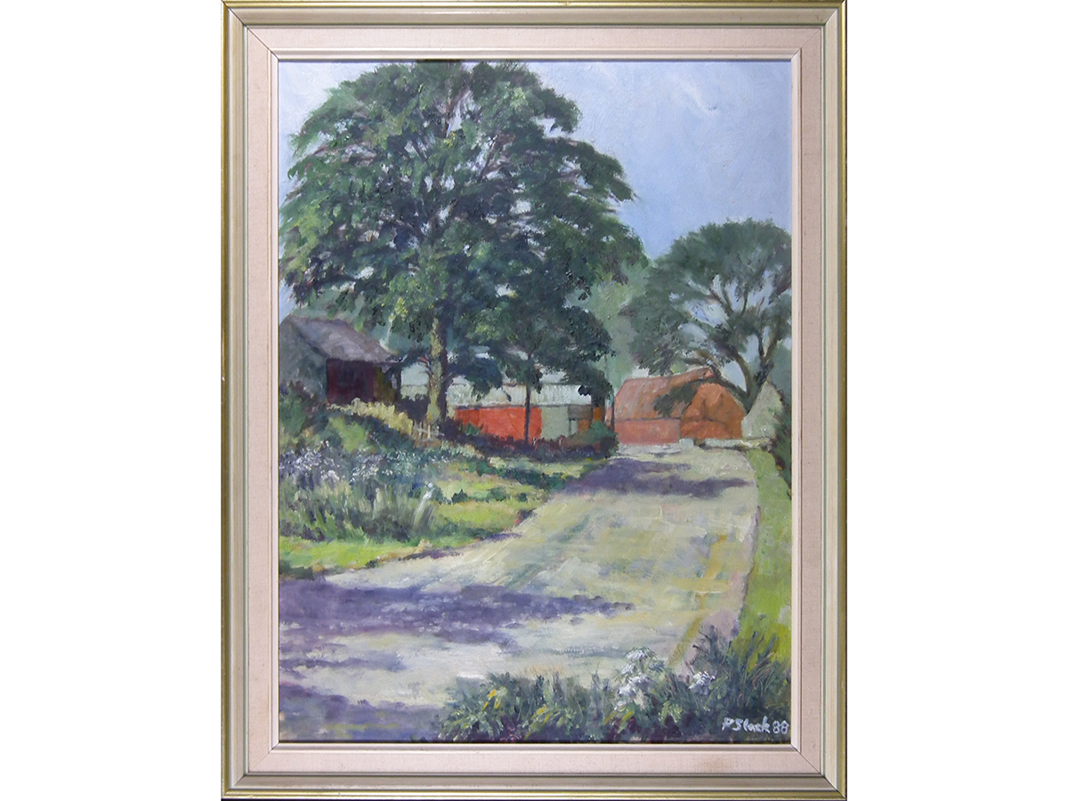 P Slack, Barns on the lane, oil on board