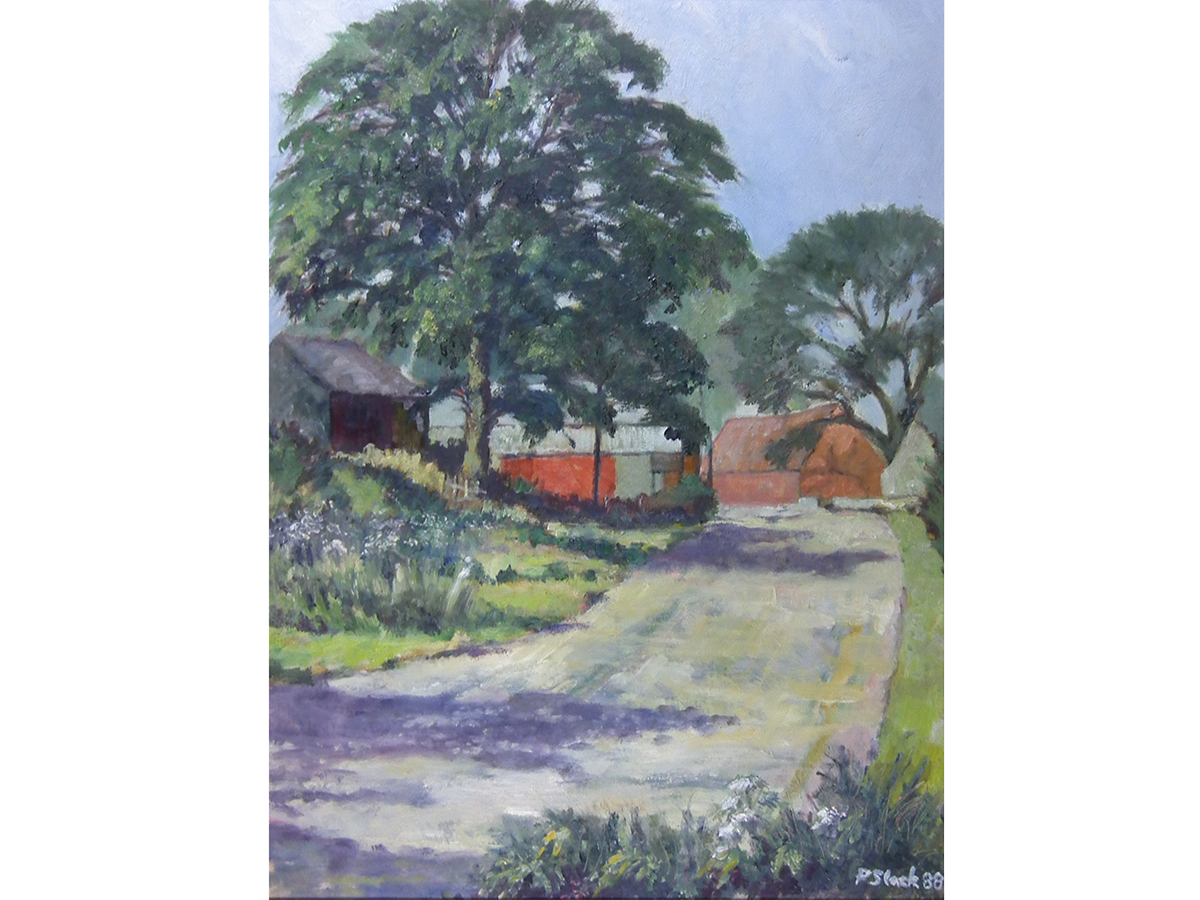 P Slack, Barns on the lane, oil on board