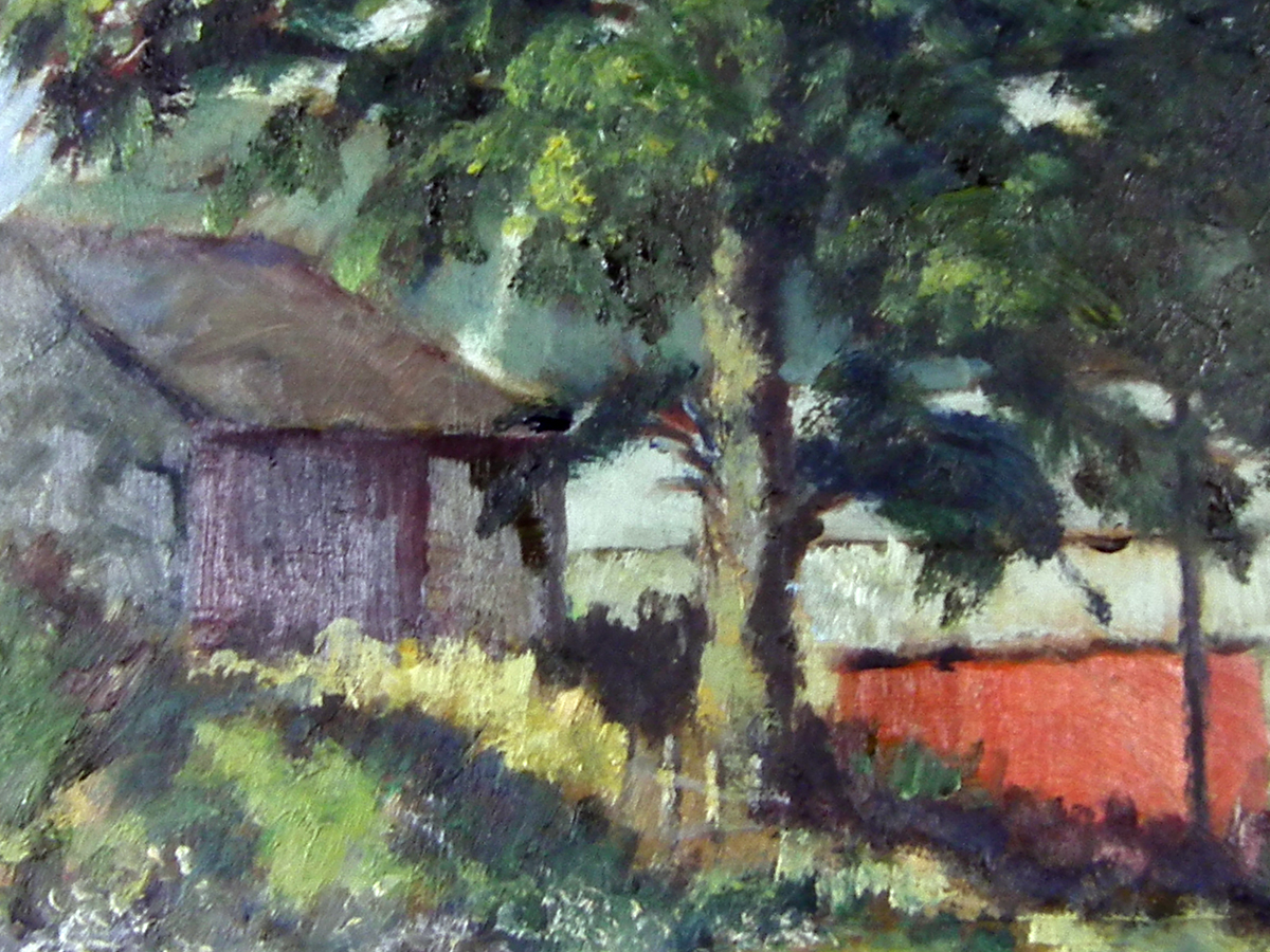 P Slack, Barns on the lane, oil on board