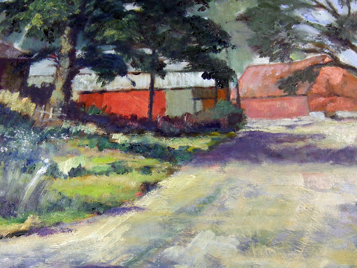 P Slack, Barns on the lane, oil on board