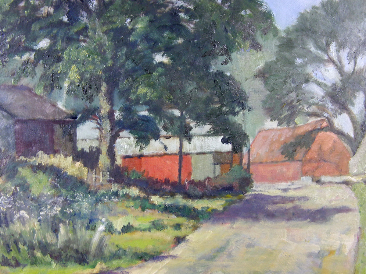 P Slack, Barns on the lane, oil on board