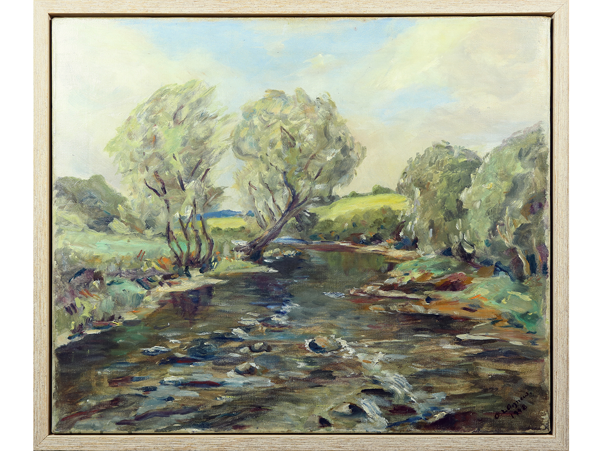 O L Agnew, River Landscape, 1948 Oil on Canvas Tray Frame