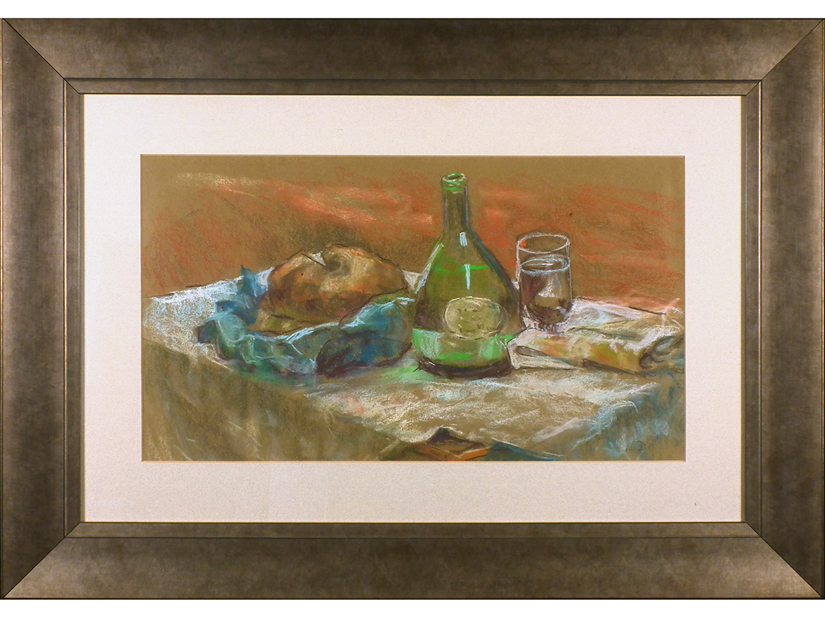 Pastel drawing, Still Life with bread and wine