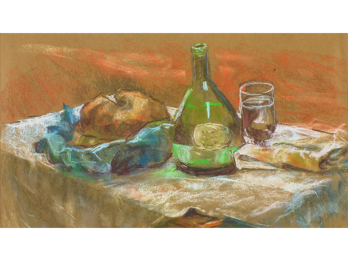 Pastel drawing, Still Life with bread and wine