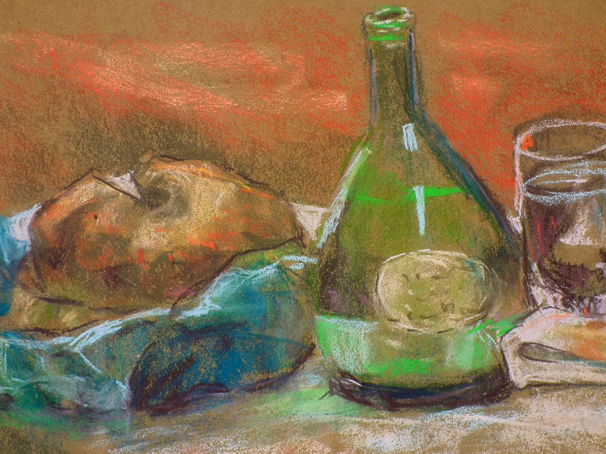 Pastel drawing, Still Life with bread and wine