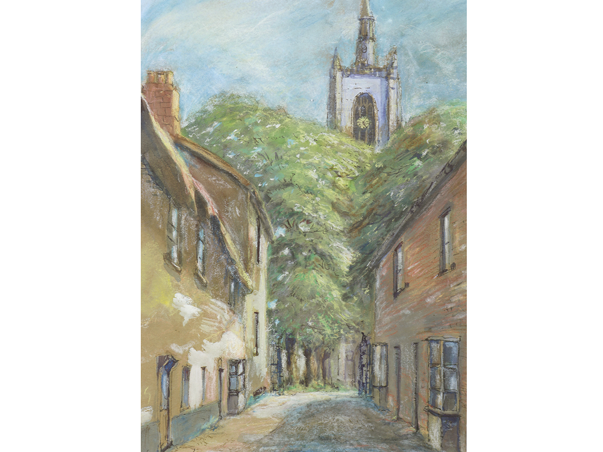 Pastel framed. Village Street scene with church