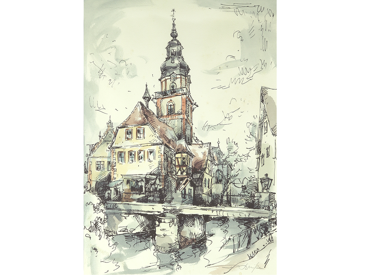 erbach im odenwald, germany, pen & watercolour painting.