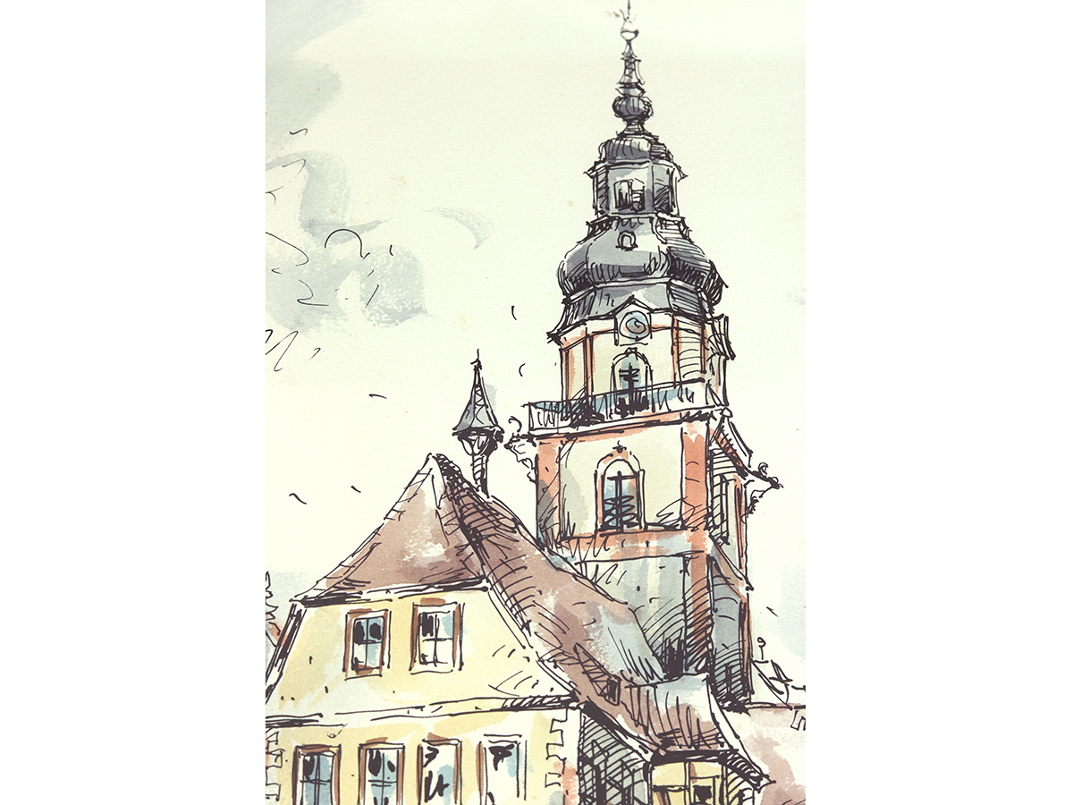erbach im odenwald, germany, pen & watercolour painting.